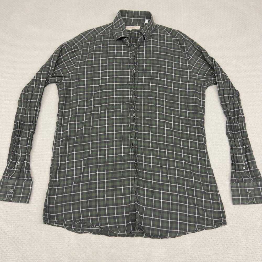 Luciano Barbera Shirt Mens M Green Plaid Cotton Button Down Designer Italian